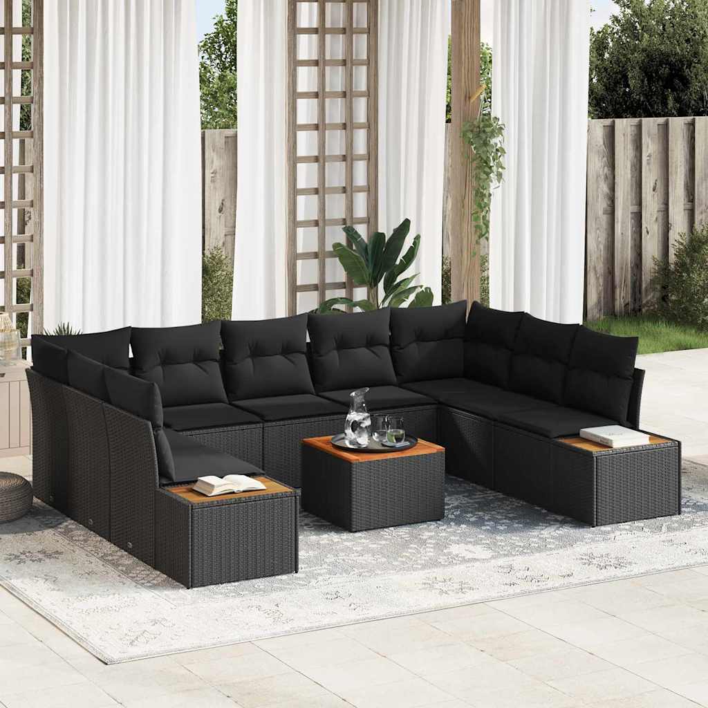 Garden Sofa Set with Cushion 10 pcs Black Poly Rattan