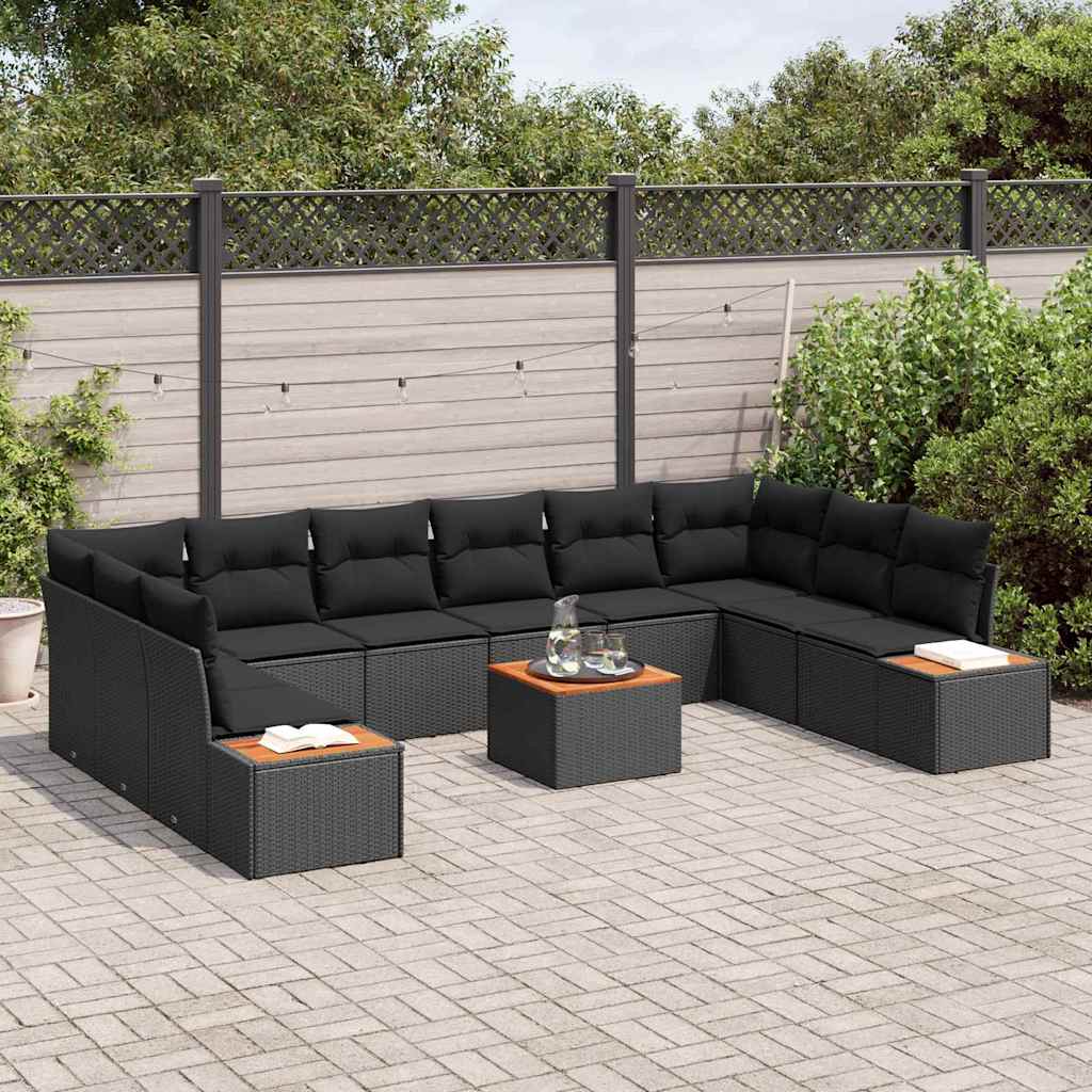 Garden Sofa Set with Cushion 11 pcs Black Poly Rattan