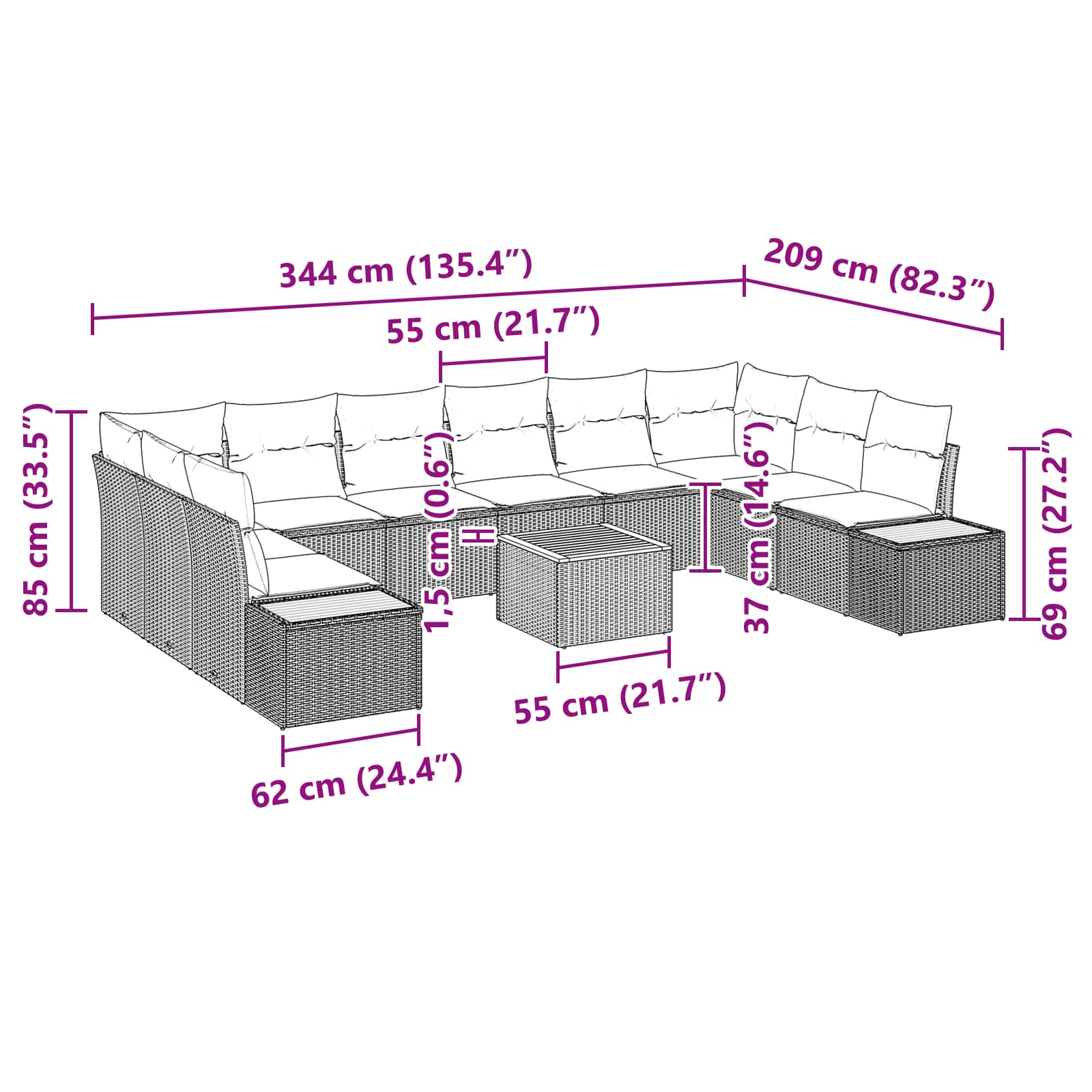 Garden Sofa Set with Cushion 11 pcs Black Poly Rattan