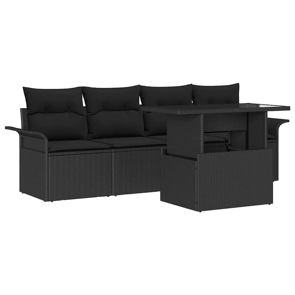 Garden Sofa Set with Cushion 5 pcs Black Poly Rattan