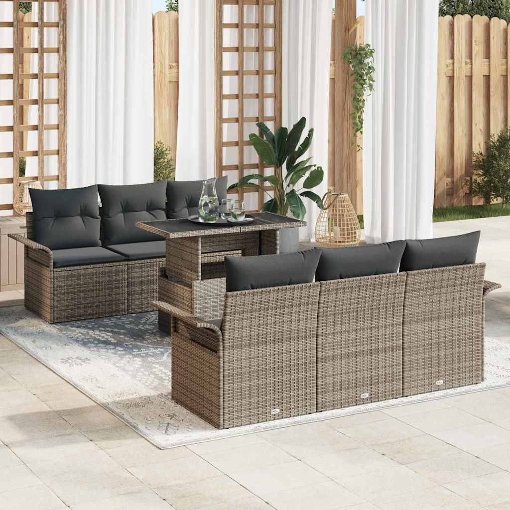Garden Sofa Set with Cushion 7 pcs Grey Poly Rattan