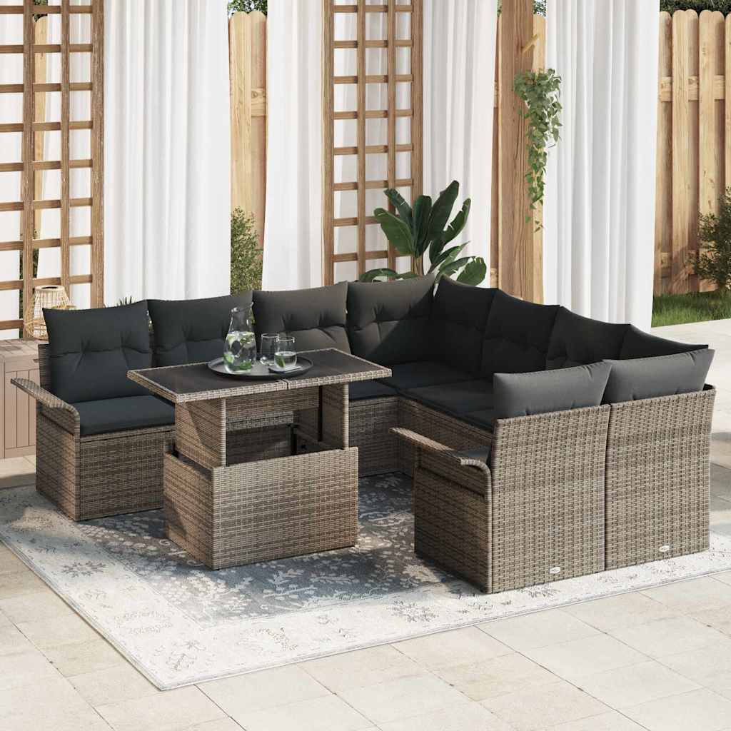 Garden Sofa Set with Cushion 9 pcs Grey Poly Rattan