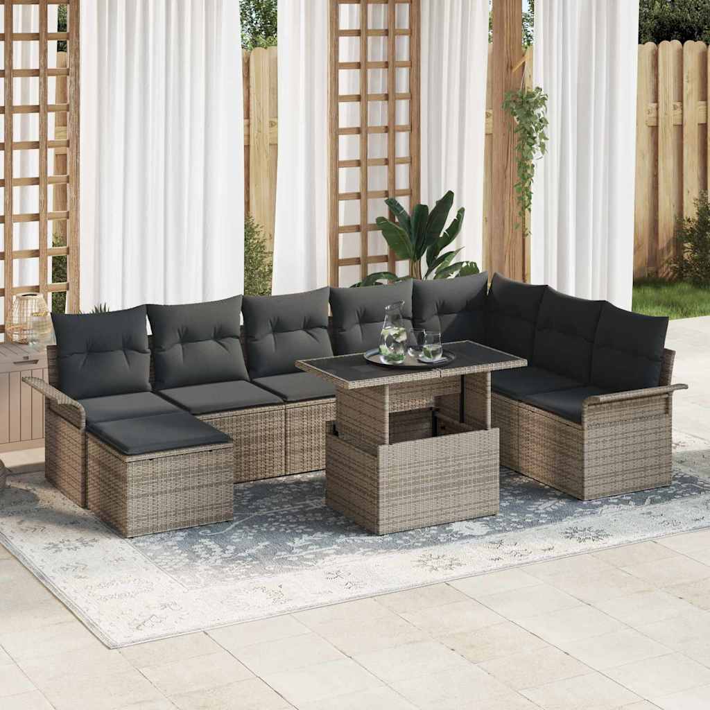 Garden Sofa Set with Cushion 9 pcs Grey Poly Rattan
