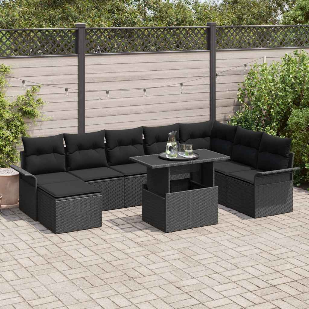 Garden Sofa Set with Cushion 9 pcs Black Poly Rattan