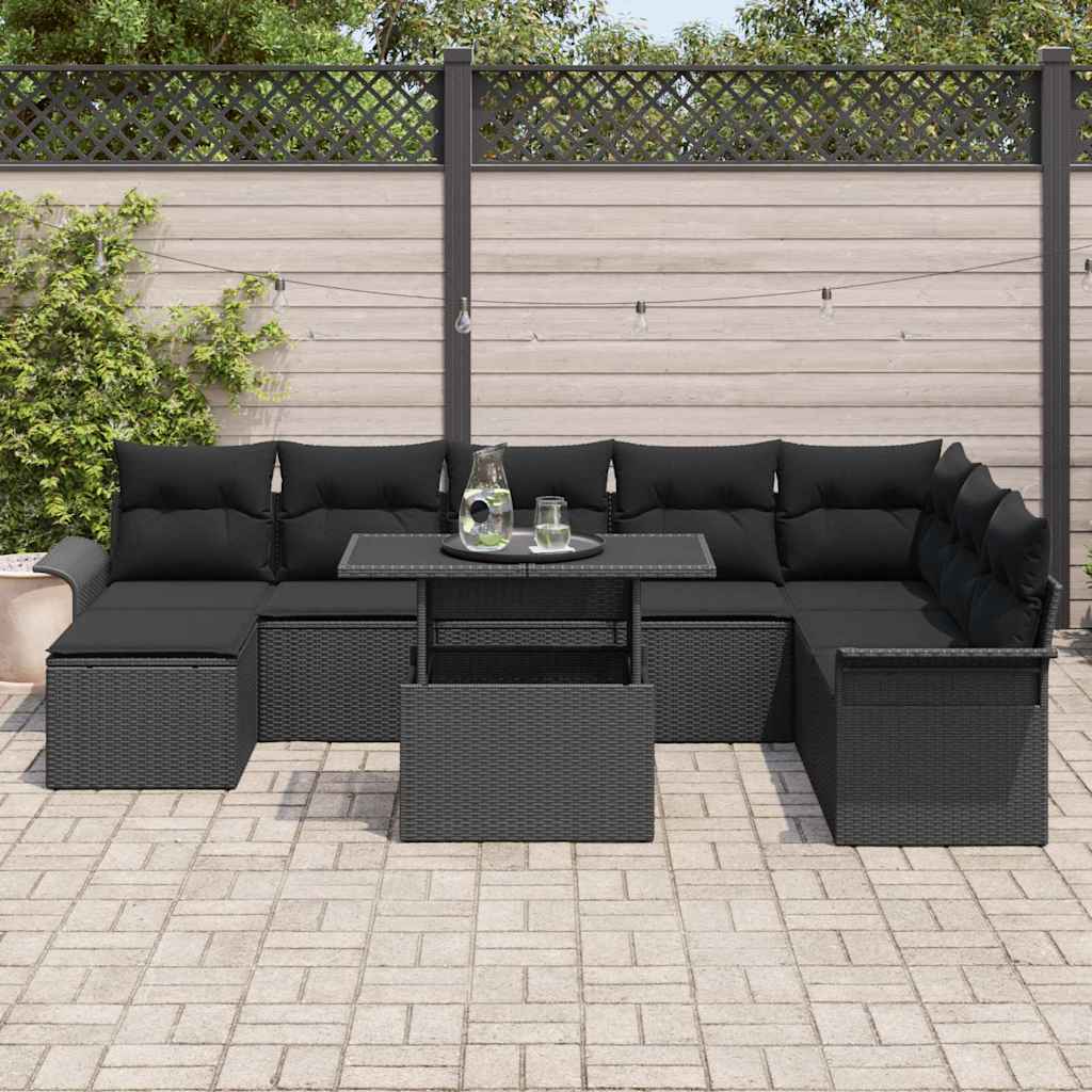 Garden Sofa Set with Cushion 9 pcs Black Poly Rattan
