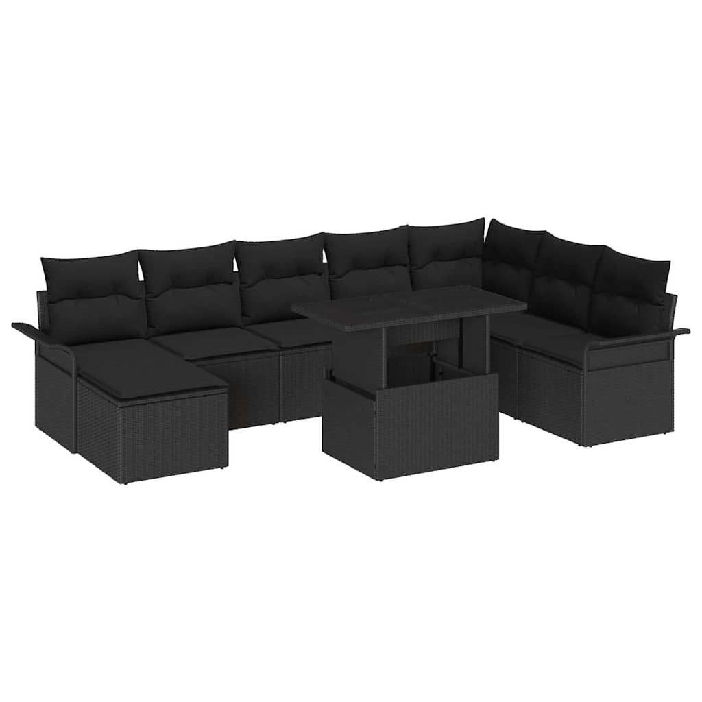 Garden Sofa Set with Cushion 9 pcs Black Poly Rattan
