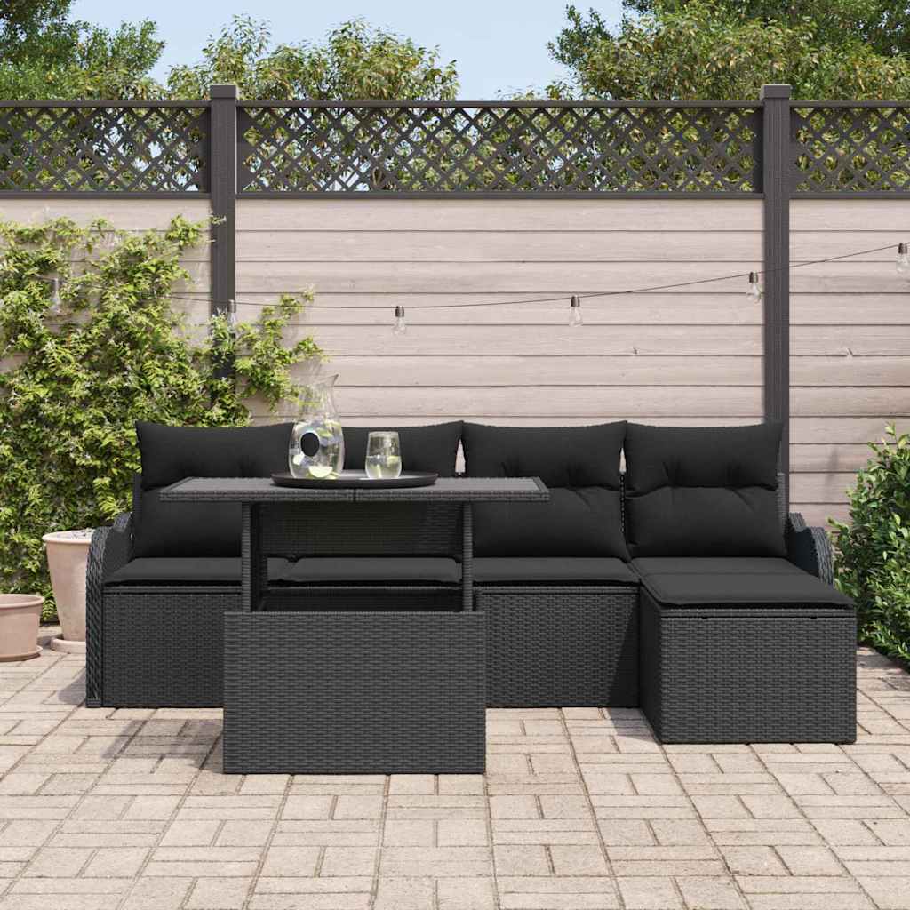 Outdoor Seating Set with Cushion 6 pcs Black Poly rattan