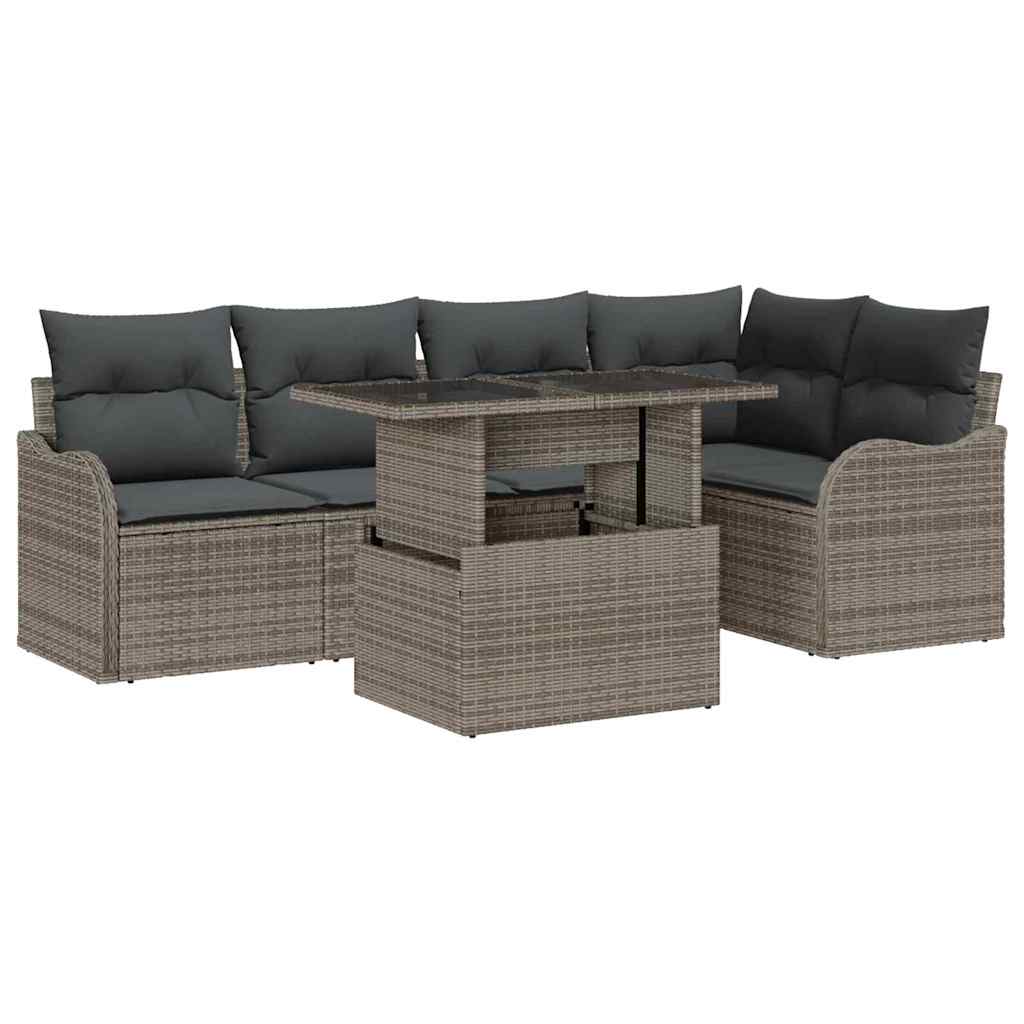 Dining Set with Cushion 6 pcs Grey Poly rattan