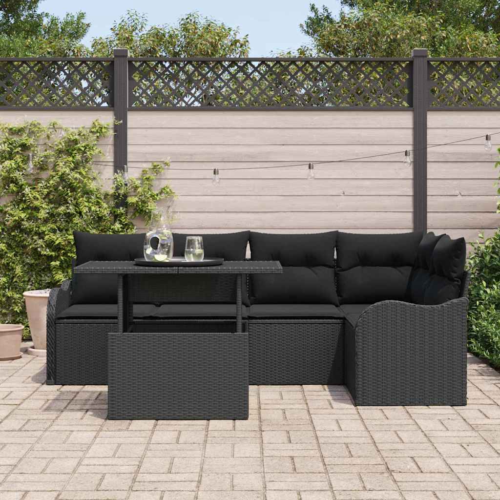 Dining Set with Cushion 6 pcs Black Poly rattan