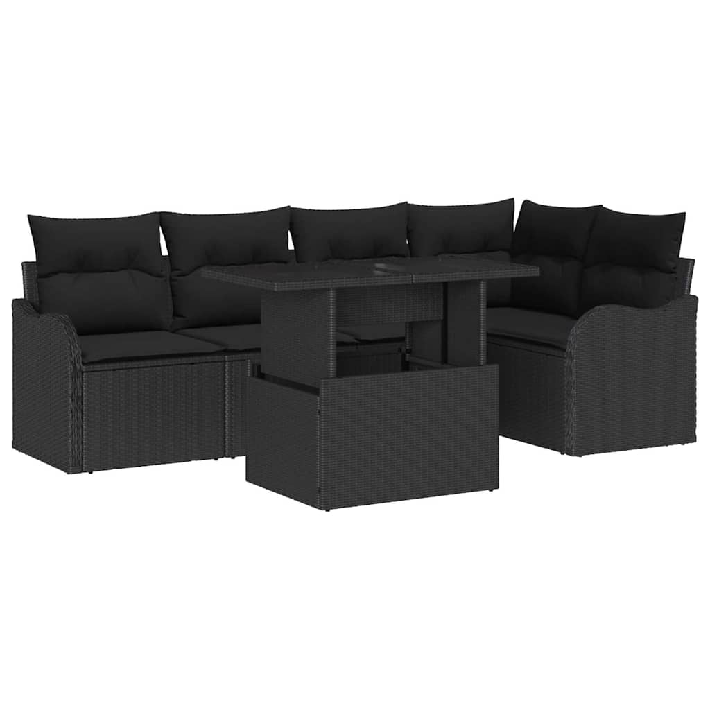 Dining Set with Cushion 6 pcs Black Poly rattan