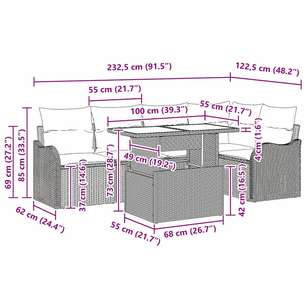 Dining Set with Cushion 6 pcs Black Poly rattan