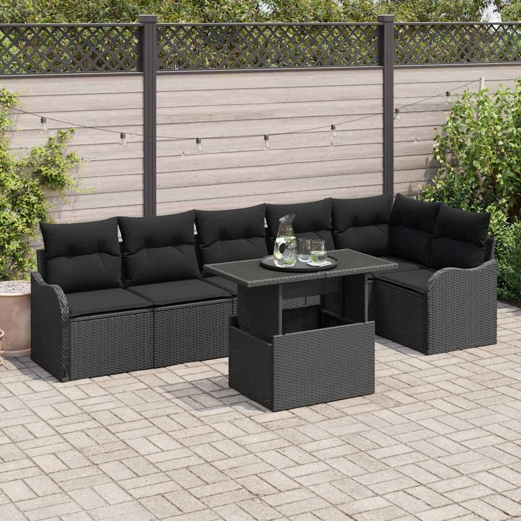 Sofa Set with Cushion 7 pcs Black Poly rattan
