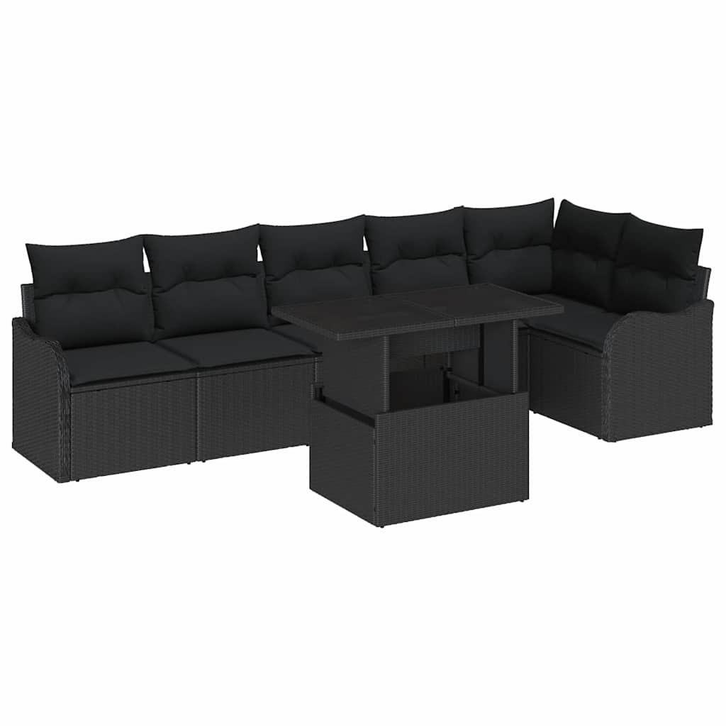 Sofa Set with Cushion 7 pcs Black Poly rattan