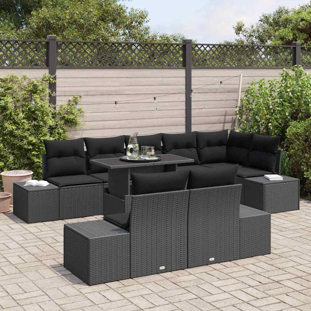 Garden Sofa Set with Cushion 9 pcs Black Poly Rattan