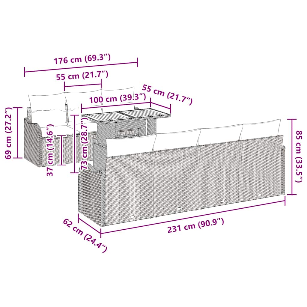 Garden Sofa Set with Cushion 8 pcs Black 100 x 55 x 73 cm