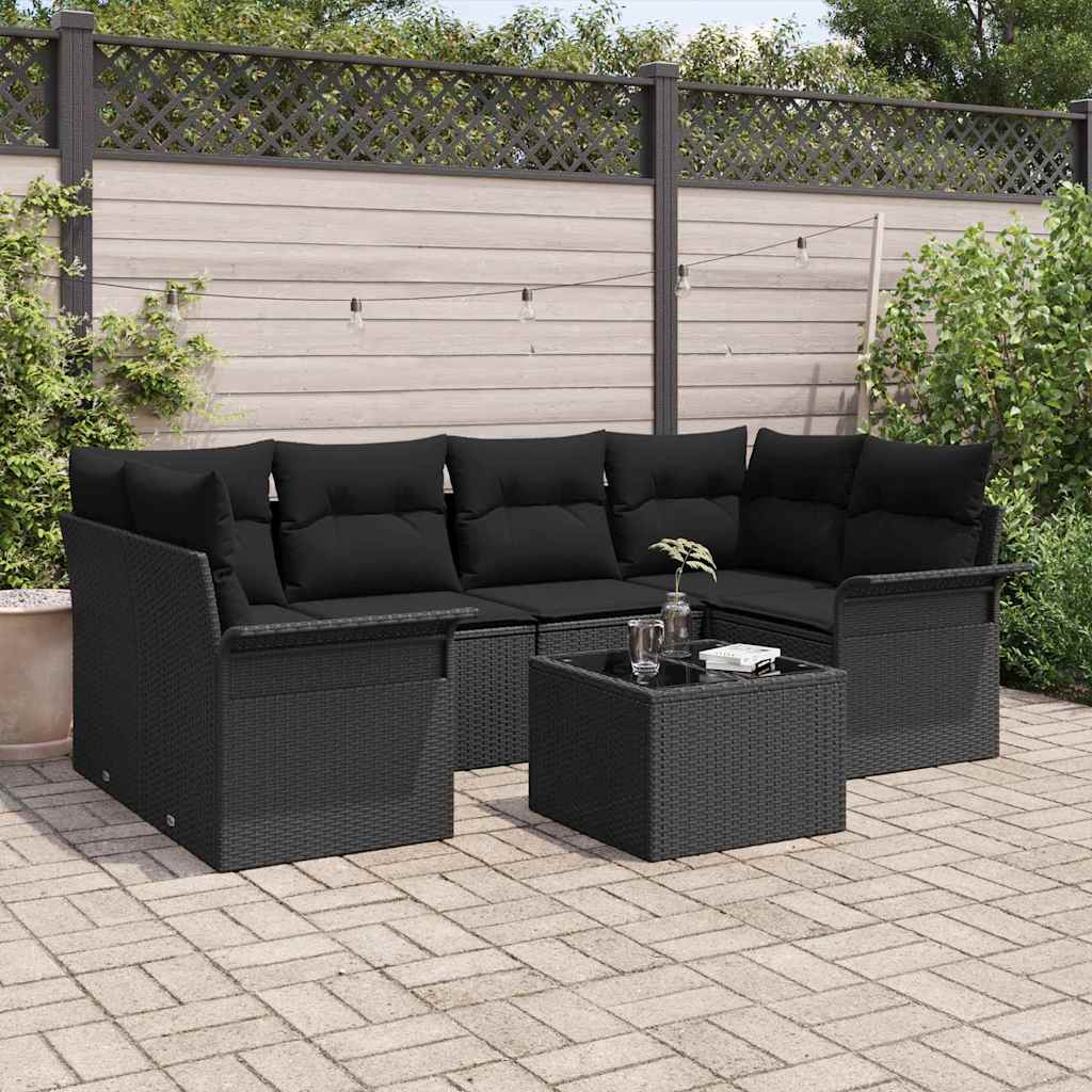 Garden Sofa Set Manual 7 pcs Black Poly Rattan, Steel and Glass