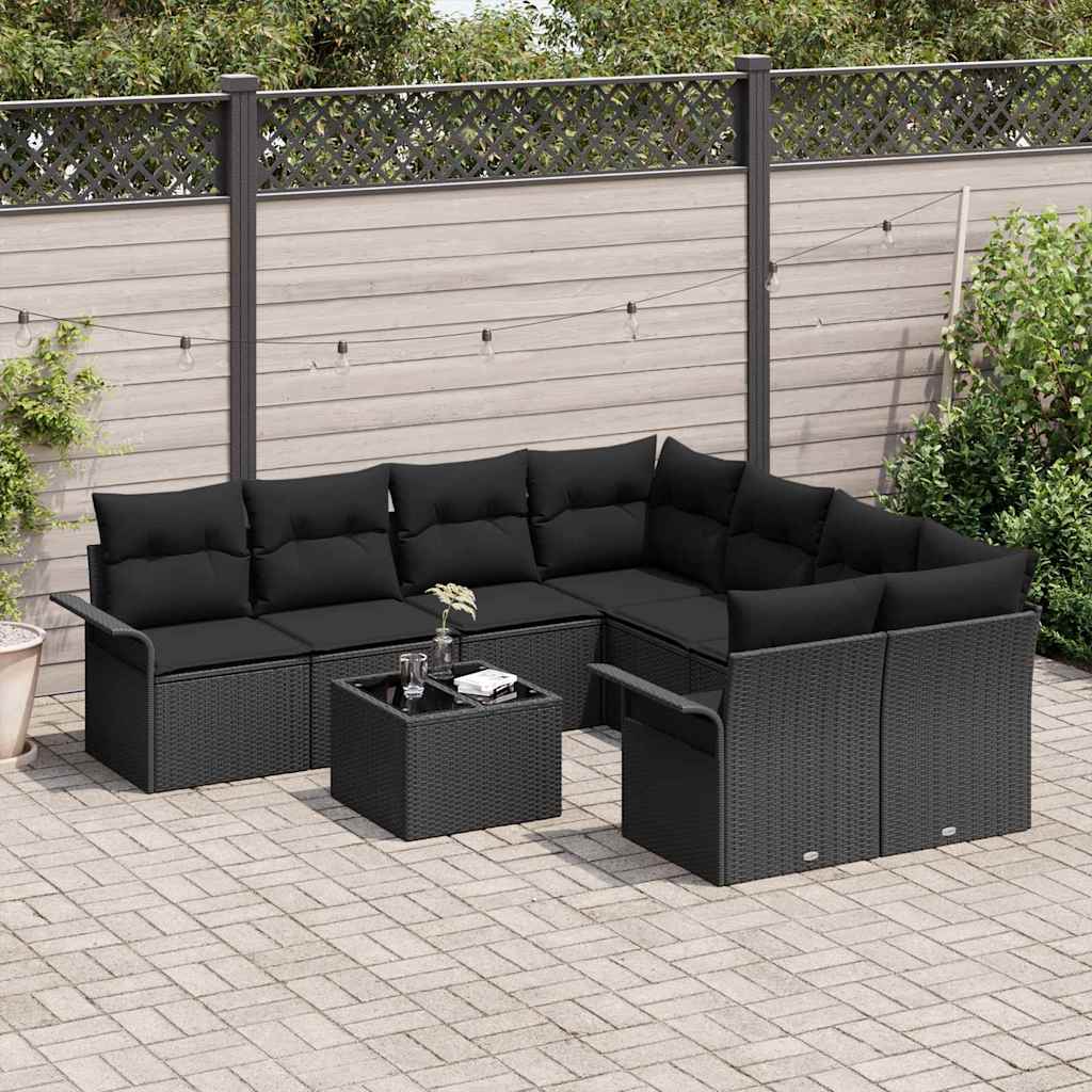 Garden Sofa Set Manual 9 pcs Black Poly Rattan, Steel and Glass
