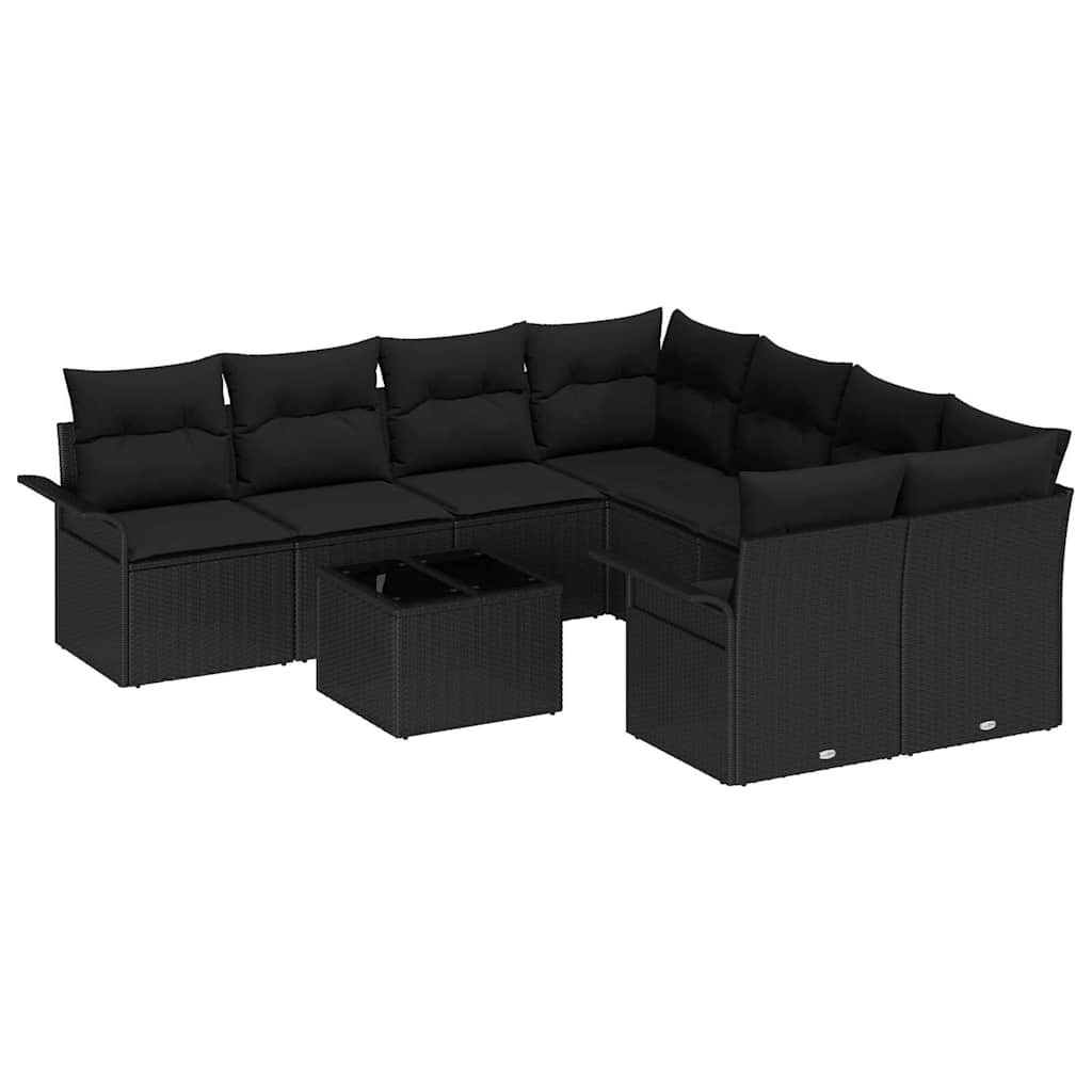 Garden Sofa Set Manual 9 pcs Black Poly Rattan, Steel and Glass