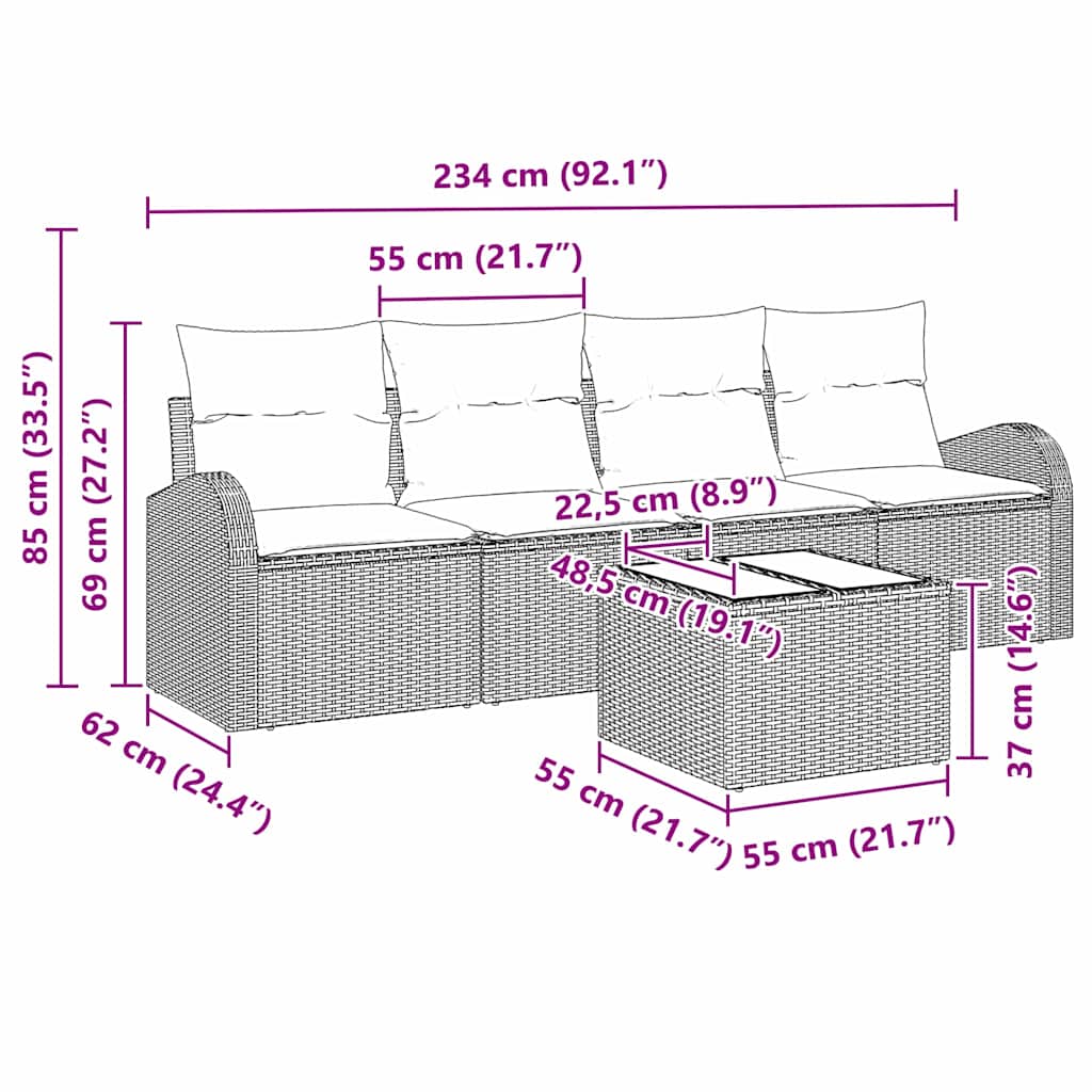 Garden Sofa Set 5 pcs 4-Seater Grey Poly Rattan