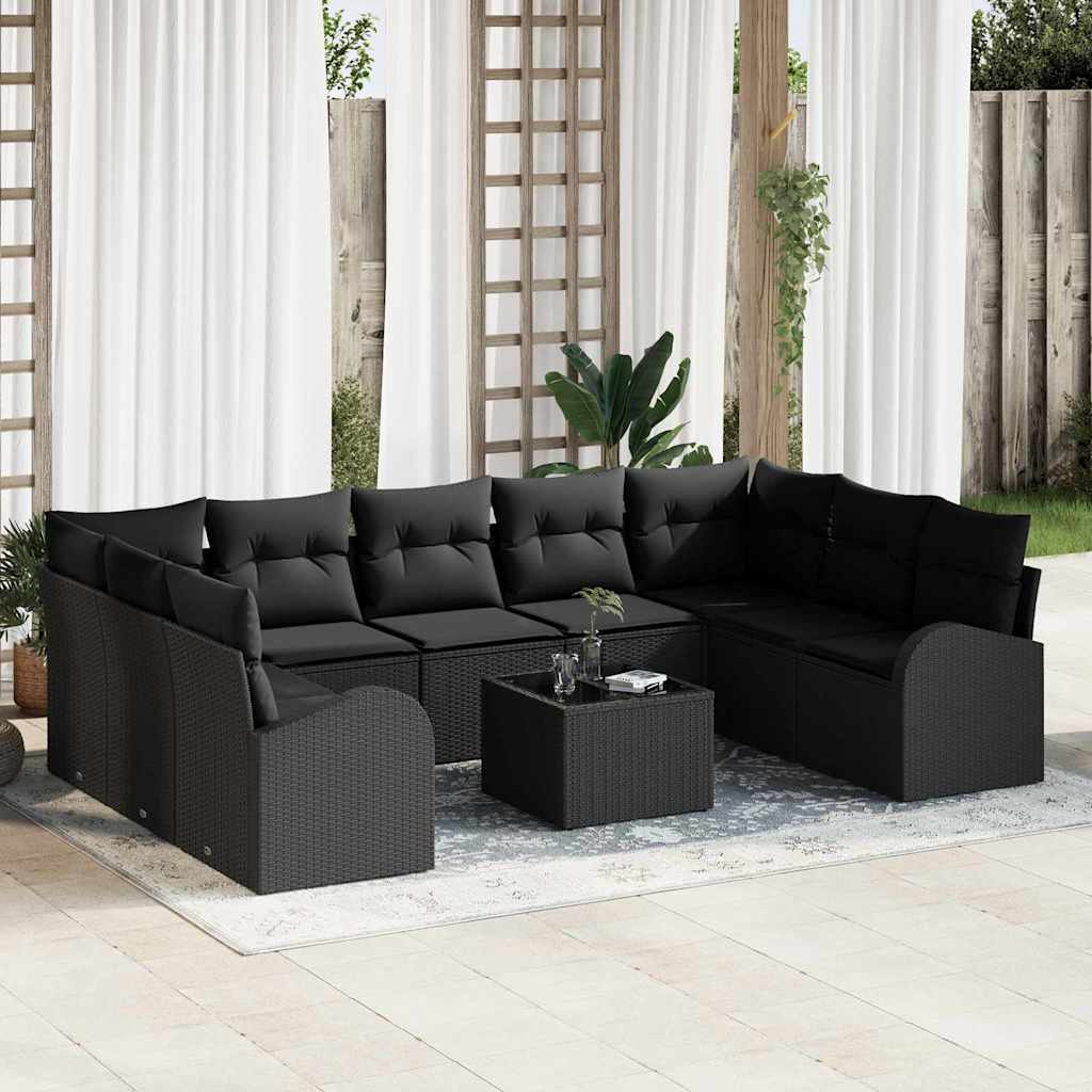Garden Sofa Set with Cushion 10 pcs Black Poly Rattan