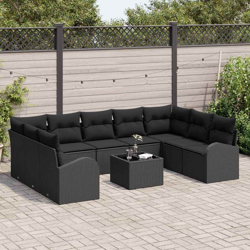 Garden Sofa Set with Cushion 10 pcs Black Poly Rattan