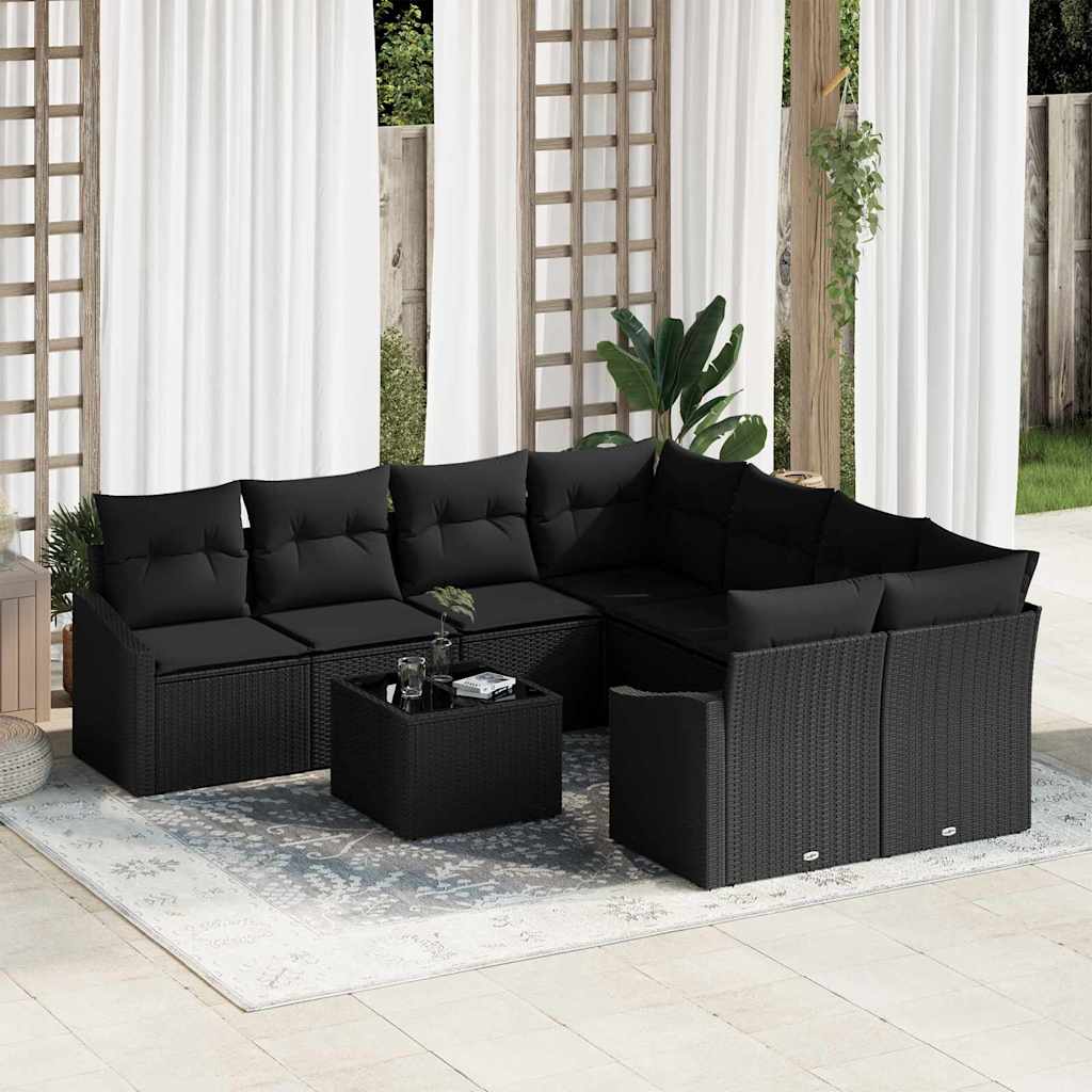 Sofa Set with Cushion with Storage 9 pcs Black Poly Rattan