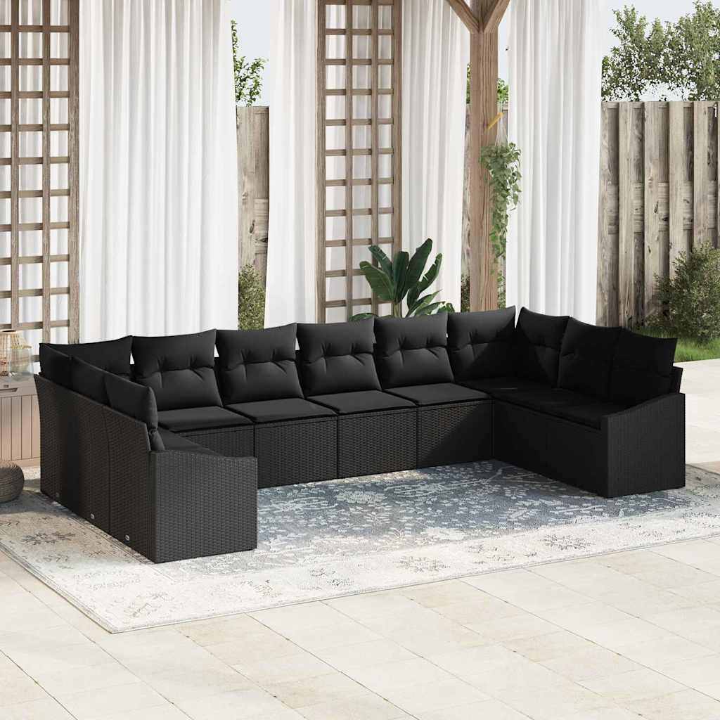 Garden Sofa Set with Cushion 10 pcs Black Poly Rattan