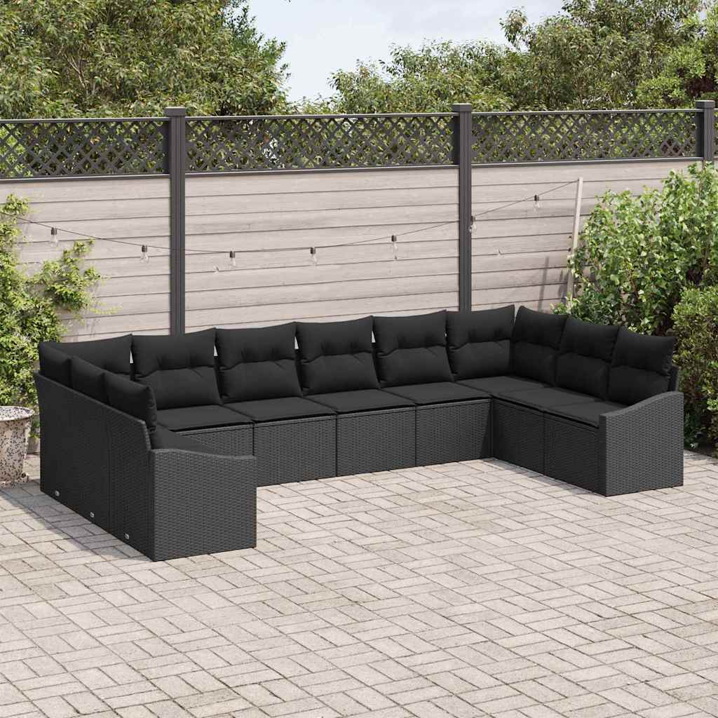 Garden Sofa Set with Cushion 10 pcs Black Poly Rattan