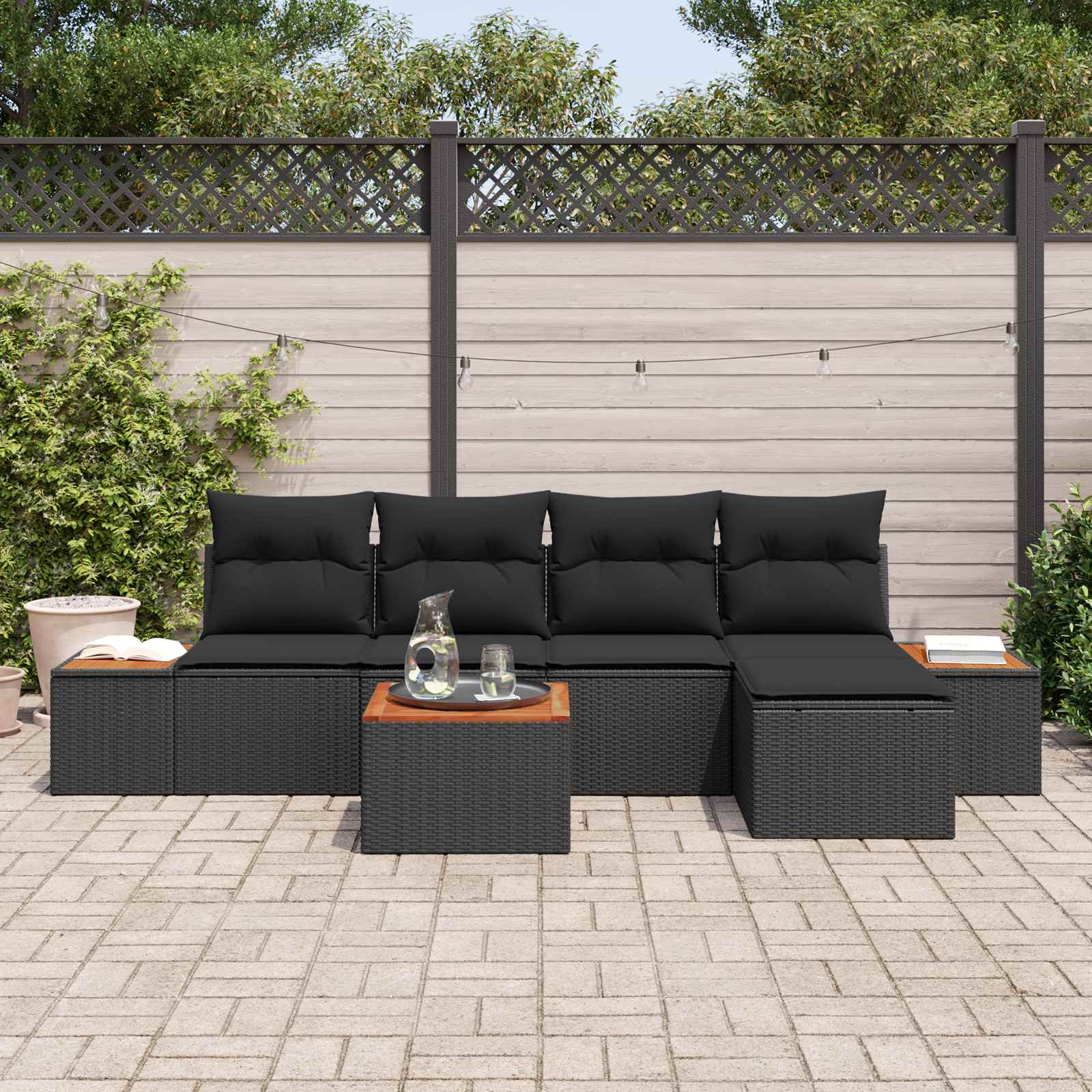 Garden Sofa Set with Cushion 6 pcs Black Poly Rattan
