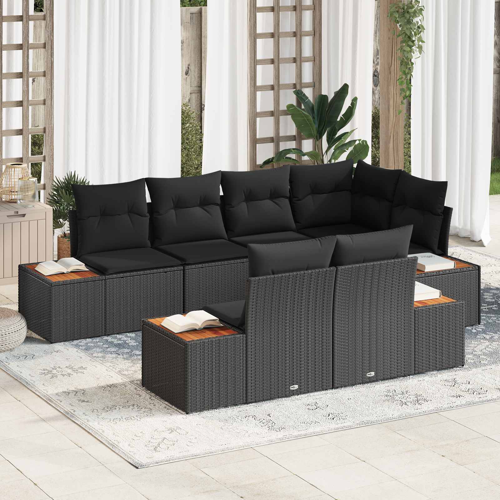 Garden Sofa Set with Cushion 7 pcs Black Poly Rattan