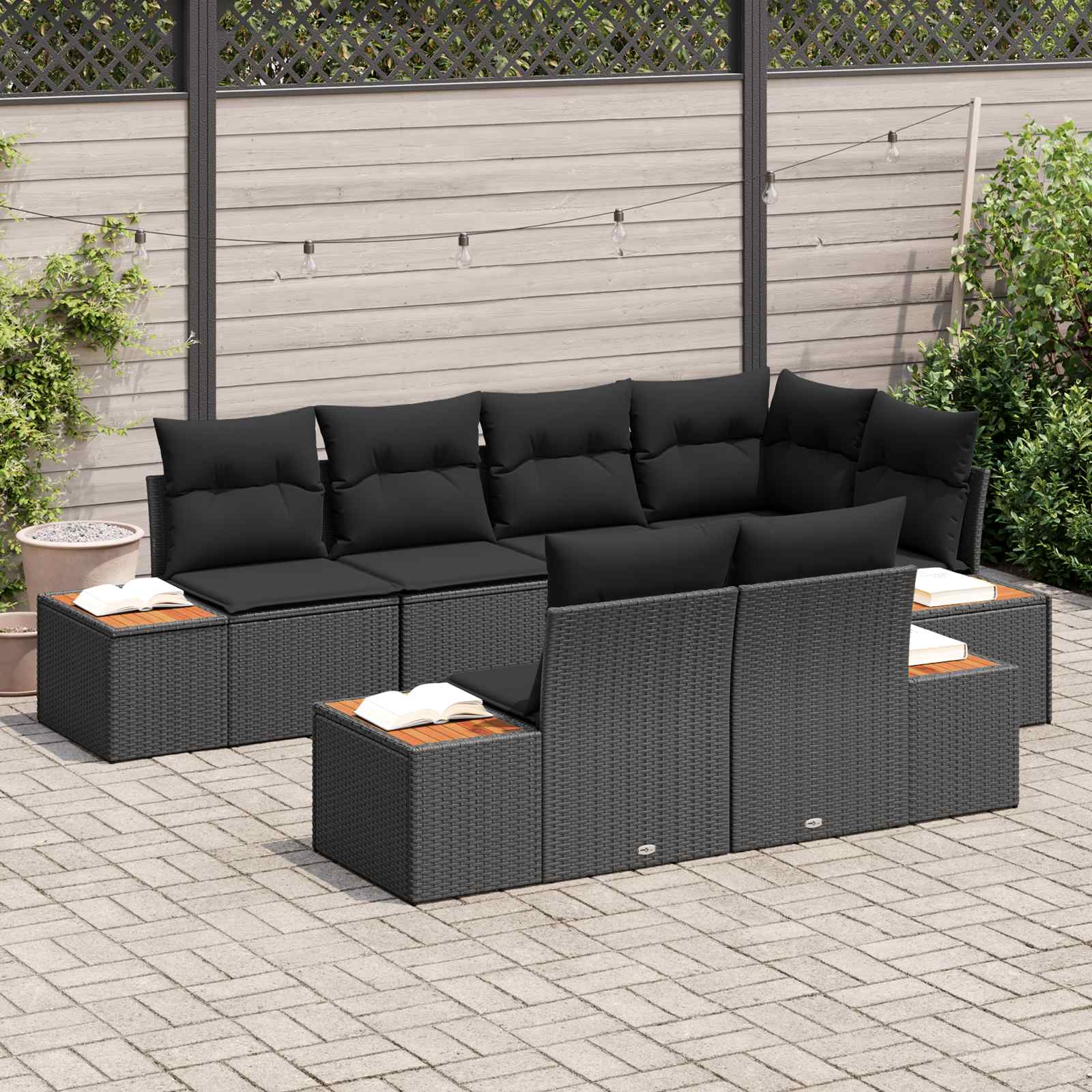 Garden Sofa Set with Cushion 7 pcs Black Poly Rattan