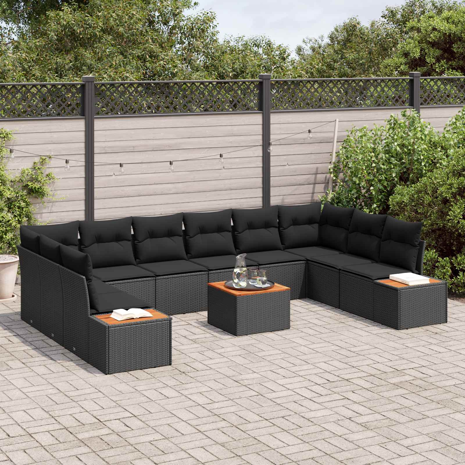 Garden Sofa Set with Cushion 10 pcs Black Poly Rattan