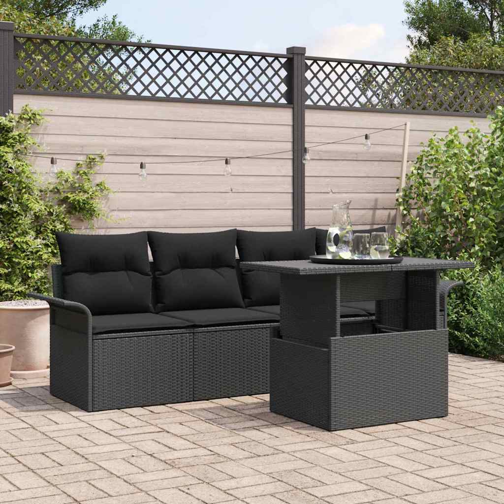 Garden Sofa Set with Cushion 5 pcs Black Poly Rattan