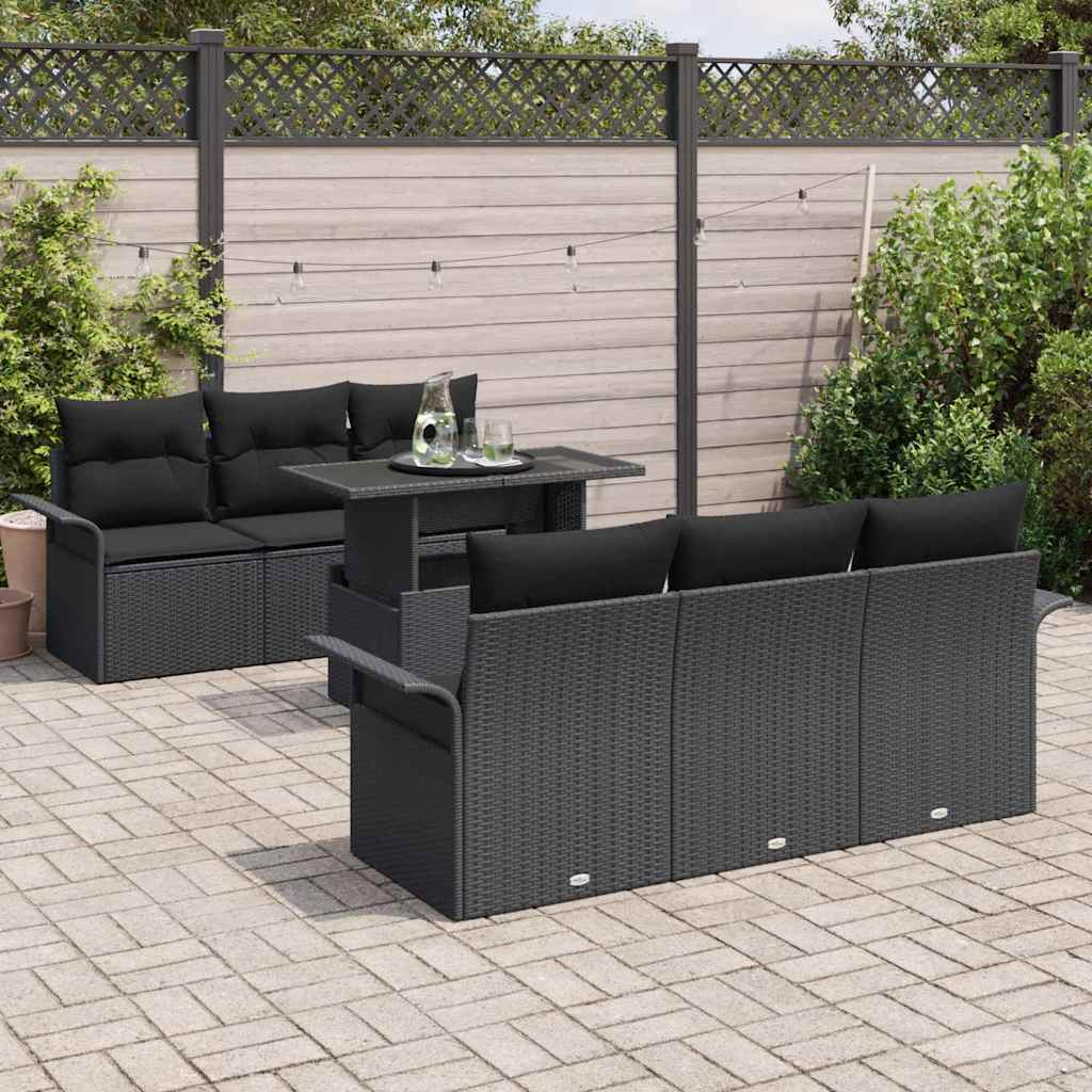 Garden Sofa Set with Cushion 7 pcs Black Poly Rattan