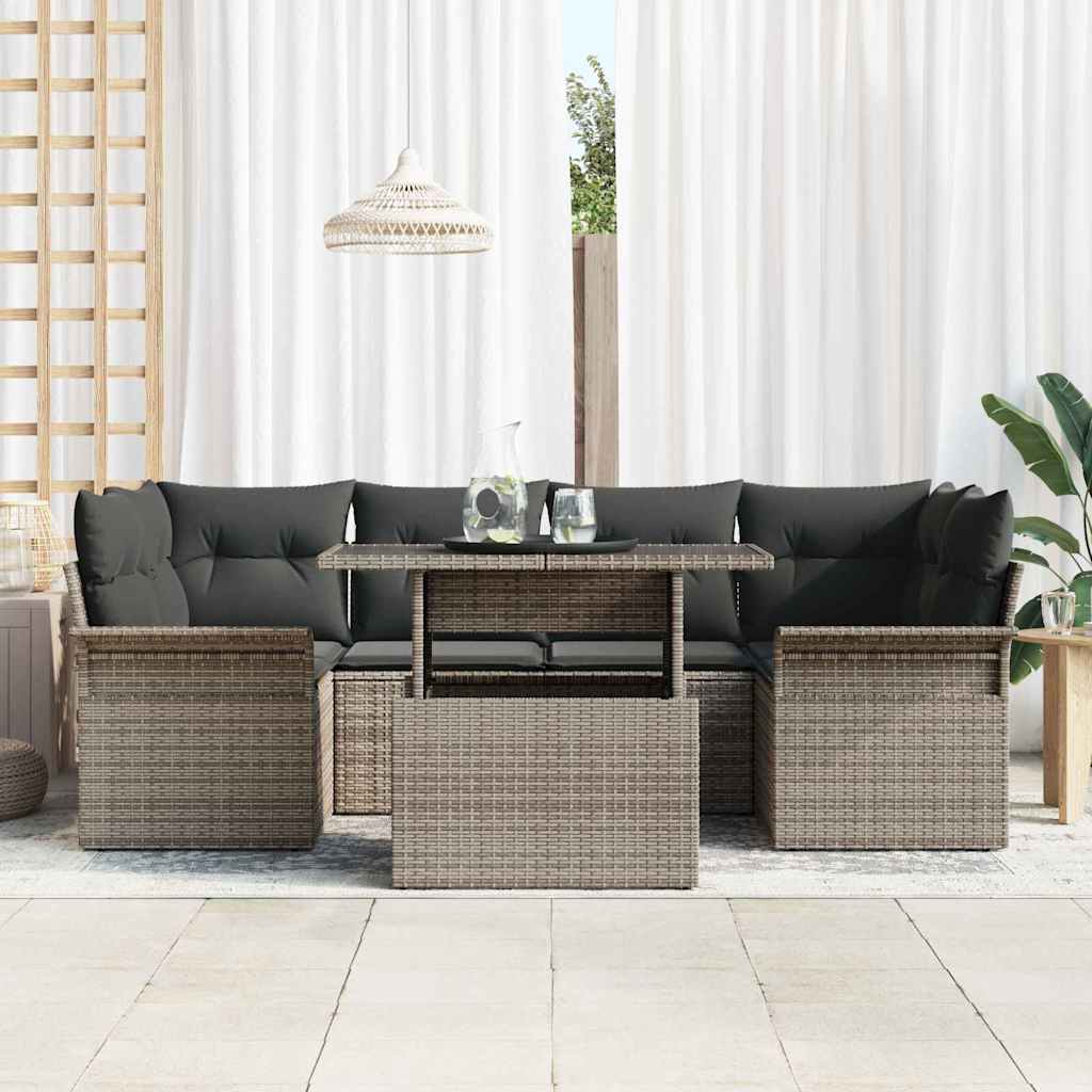Garden Sofa Set with Cushion 7 pcs Grey Poly Rattan