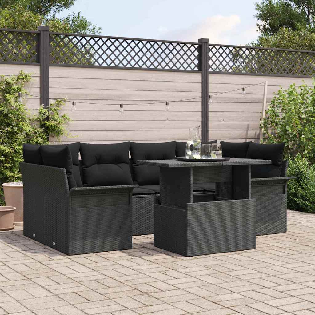 Garden Sofa Set with Cushion 7 pcs Black Poly Rattan