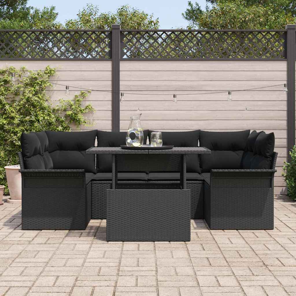 Garden Sofa Set with Cushion 7 pcs Black Poly Rattan