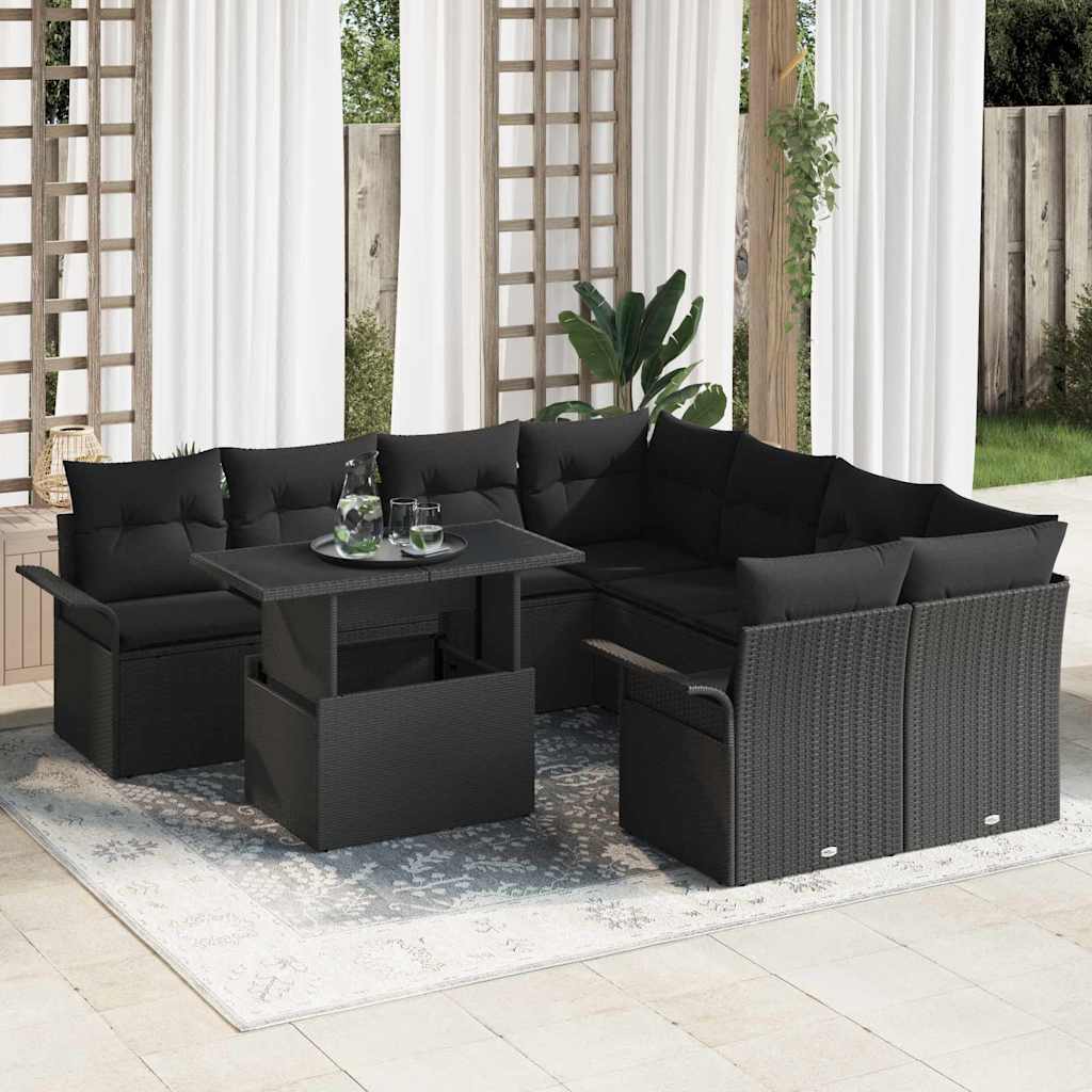 Garden Sofa Set with Cushion 9 pcs Black Poly Rattan