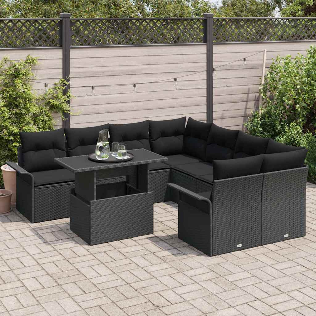 Garden Sofa Set with Cushion 9 pcs Black Poly Rattan
