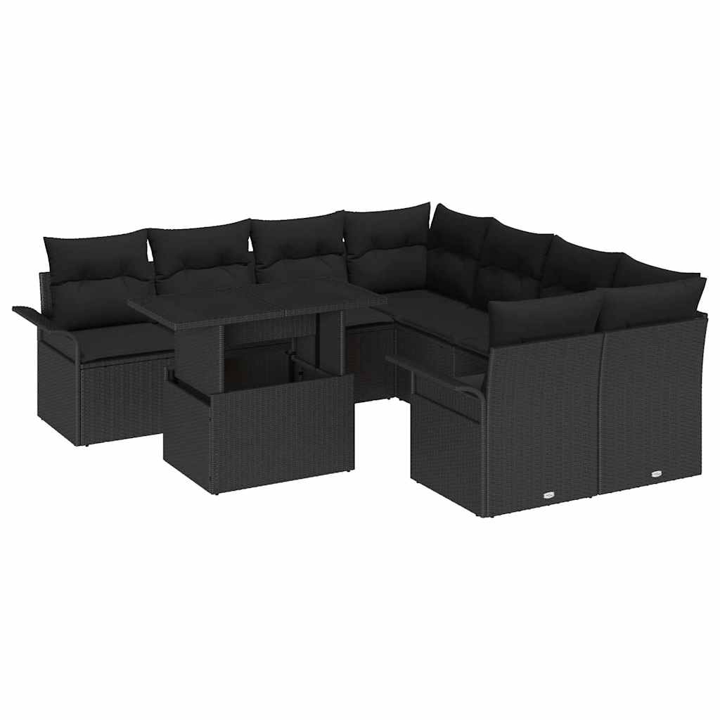 Garden Sofa Set with Cushion 9 pcs Black Poly Rattan