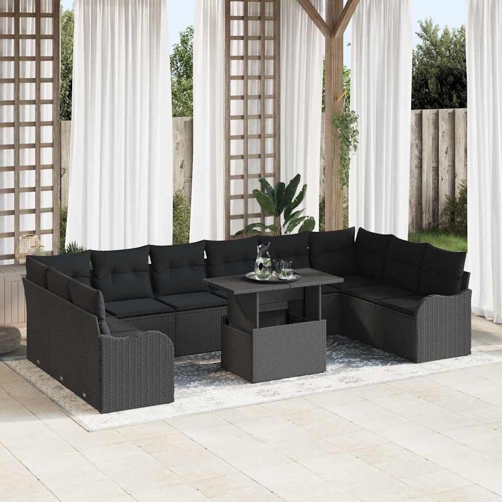 Garden Sofa Set with Cushion Manual 11 pcs Black Poly Rattan