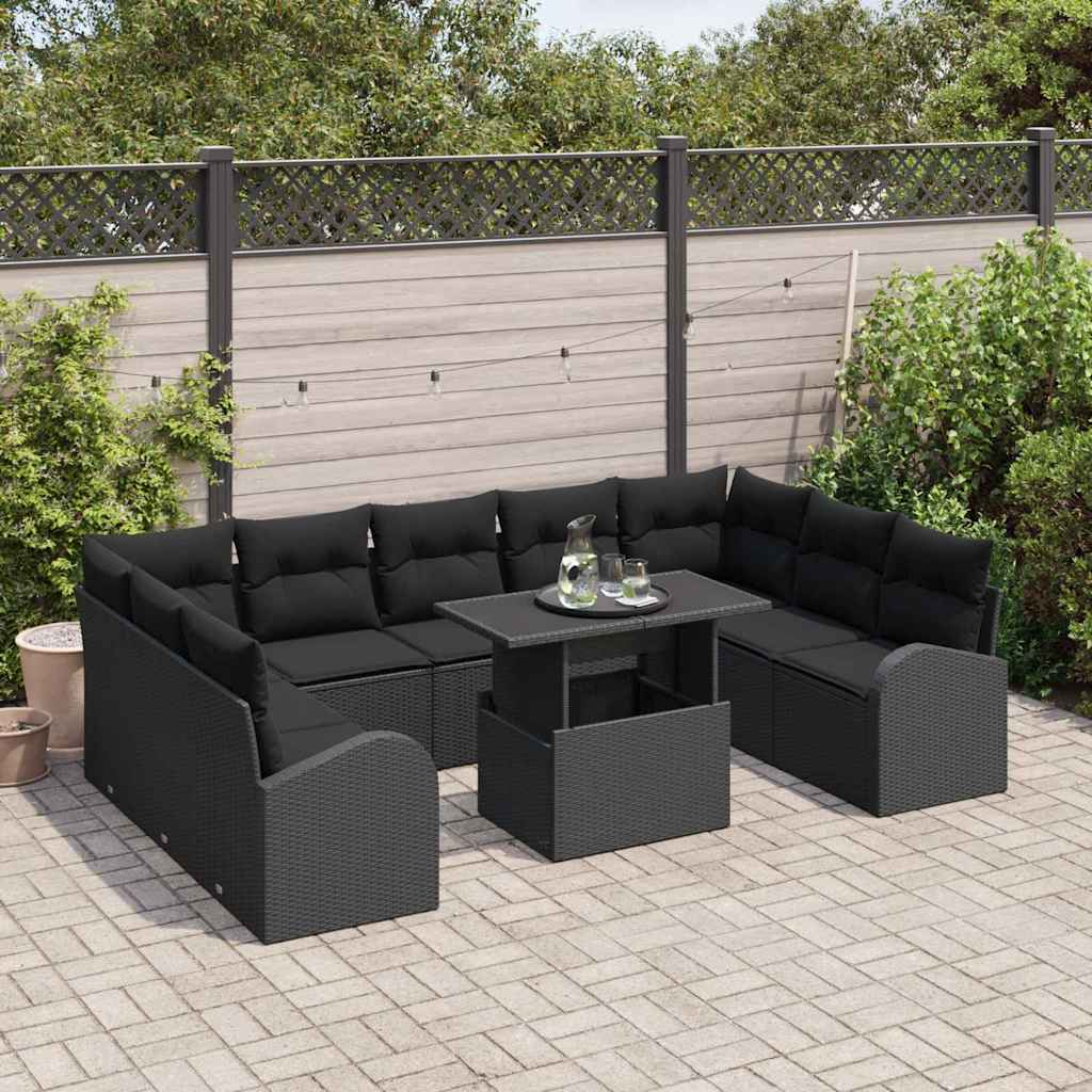 Garden Sofa Set with Cushion 10 pcs Black Poly rattan