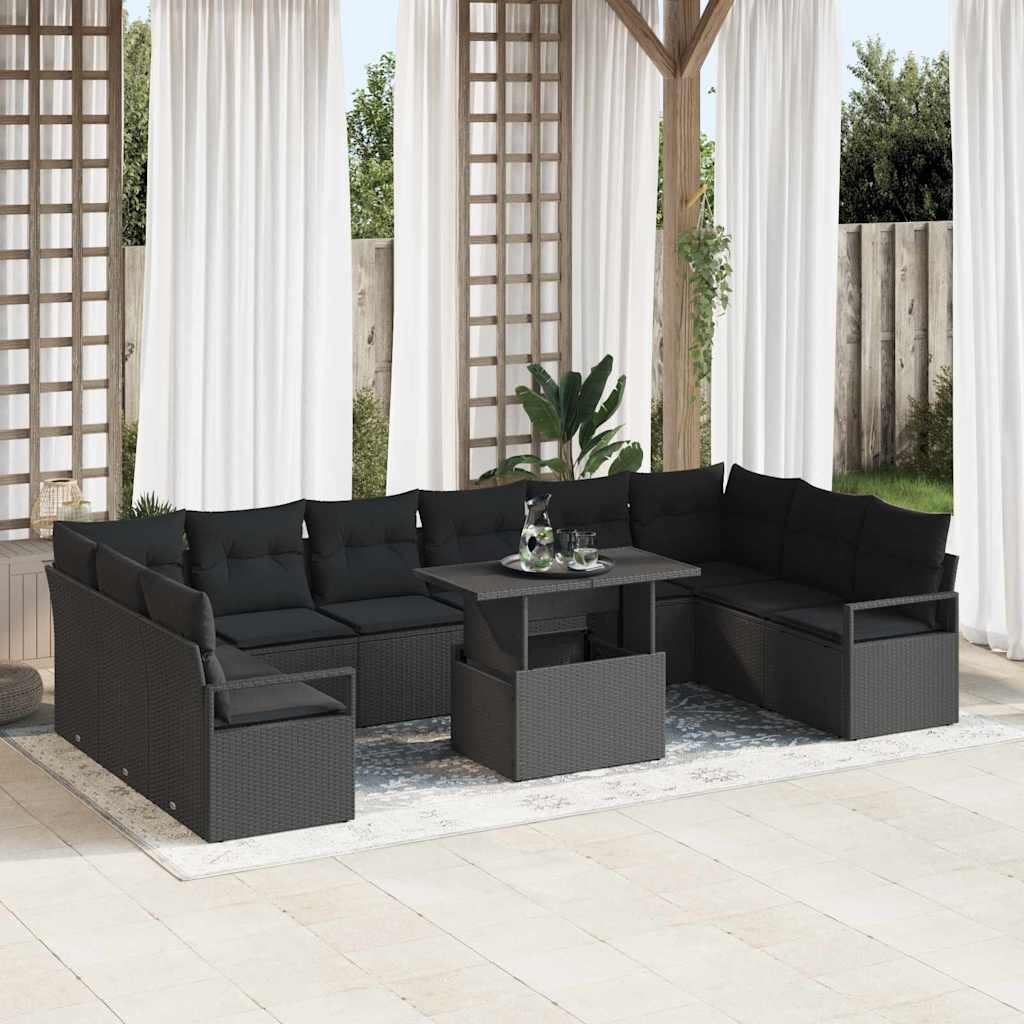Garden Sofa Set with Cushion 11 pcs Black Poly Rattan