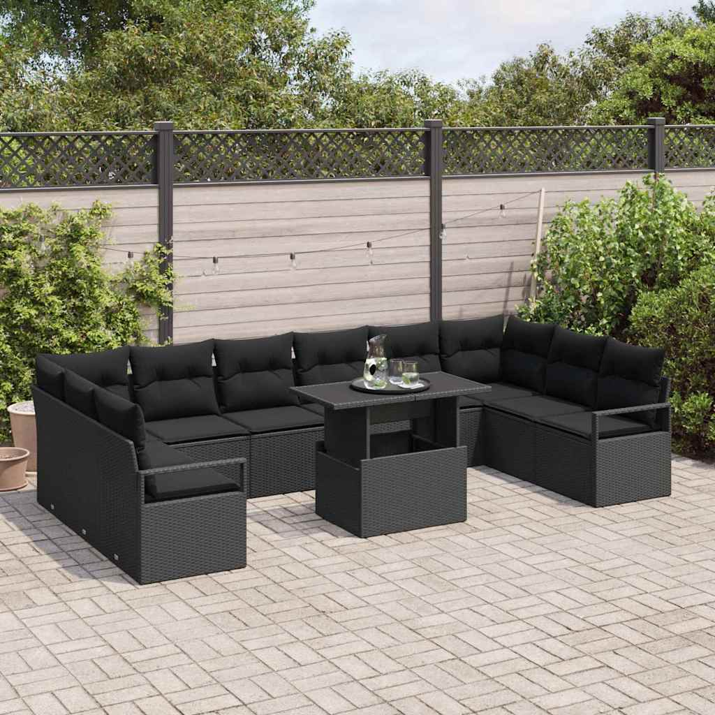 Garden Sofa Set with Cushion 11 pcs Black Poly Rattan