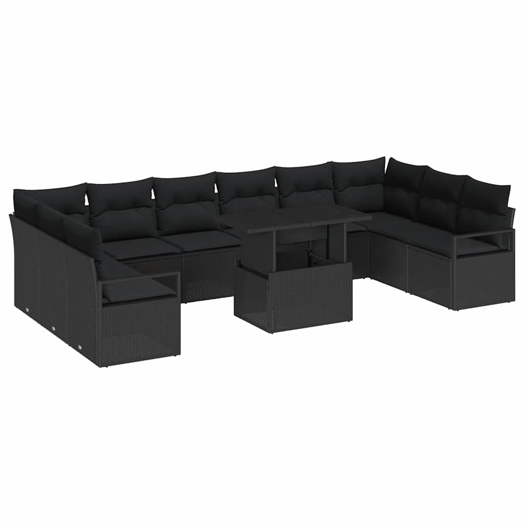 Garden Sofa Set with Cushion 11 pcs Black Poly Rattan