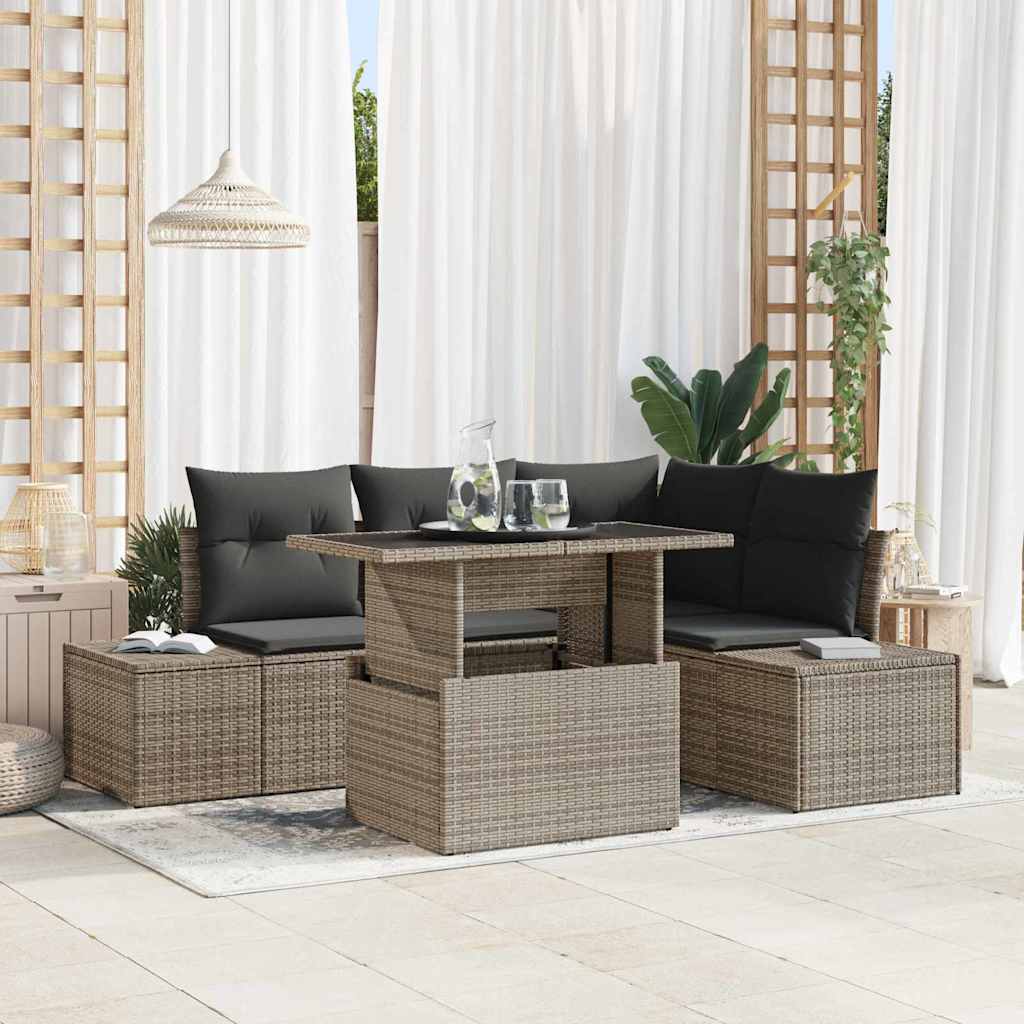 Garden Sofa Set with Cushion 5 pcs Grey Poly Rattan