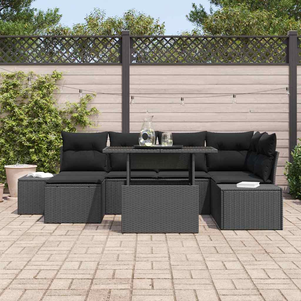 Garden Sofa Set with Cushion 7 pcs Black Poly Rattan