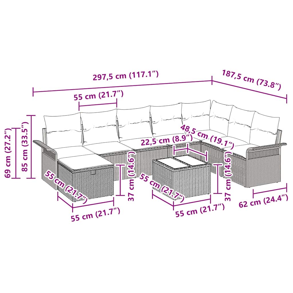 Garden Sofa Set 9 pcs Grey 297.5 x 187.5 x 85 cm Poly rattan
