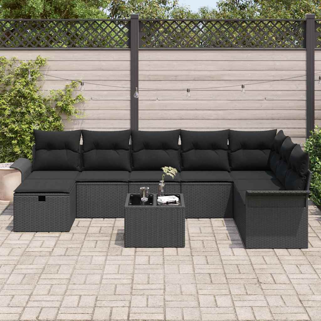 Garden Sofa Set with Cushion Manual 9 pcs Black Poly Rattan