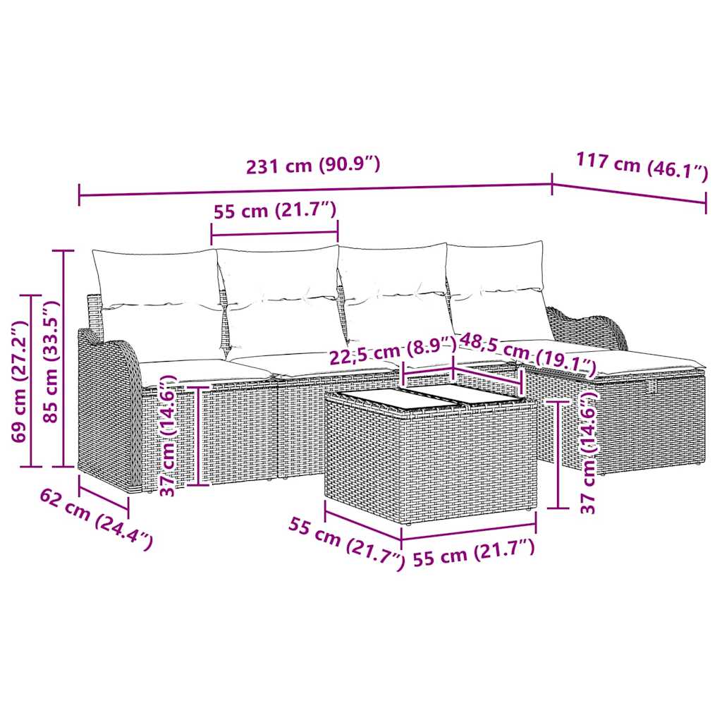 Garden Sofa Set 6 pcs Grey 231 x 117 x 85 cm Poly rattan